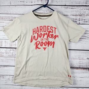 Under Armour Project Rock Women’s T-Shirt XS Beige “Hardest Worker In The Room”